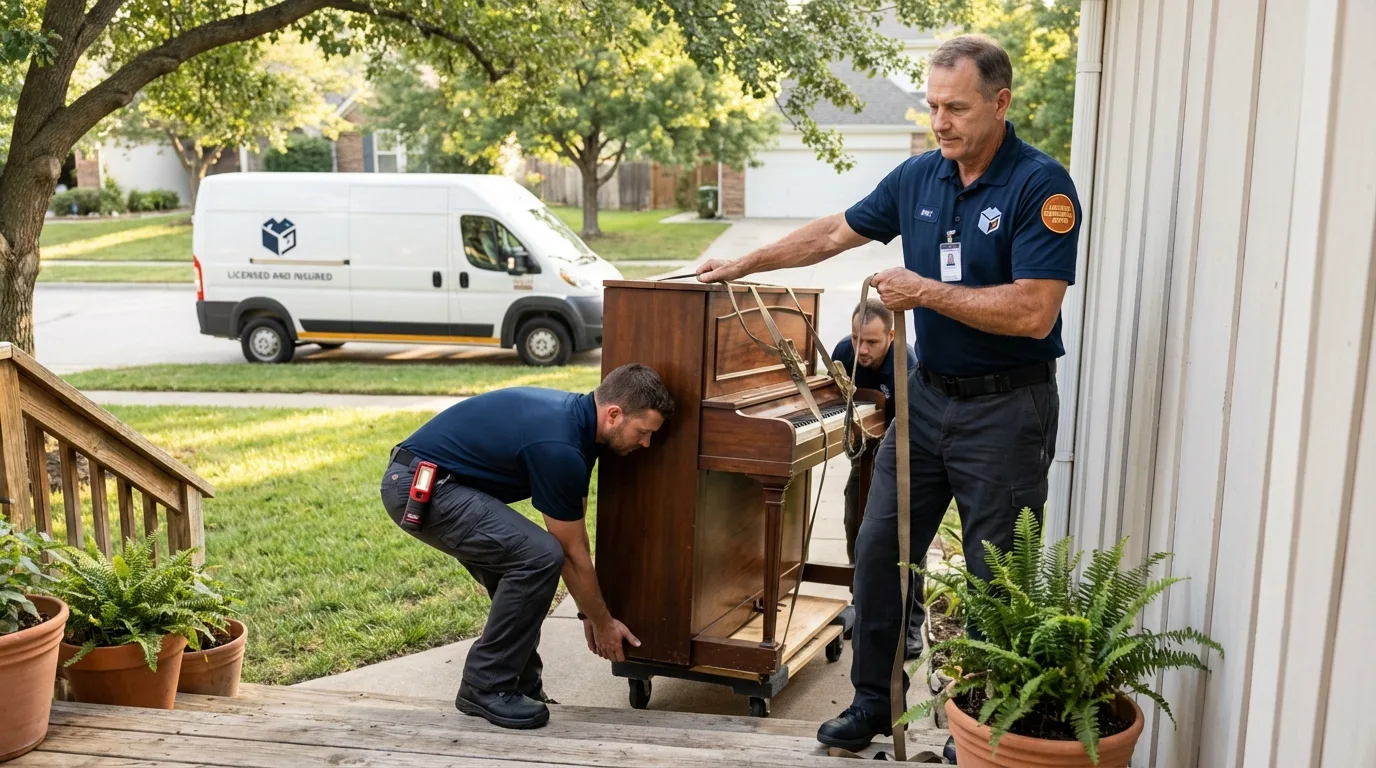 Licensed piano movers securing grand piano in Richford, VT