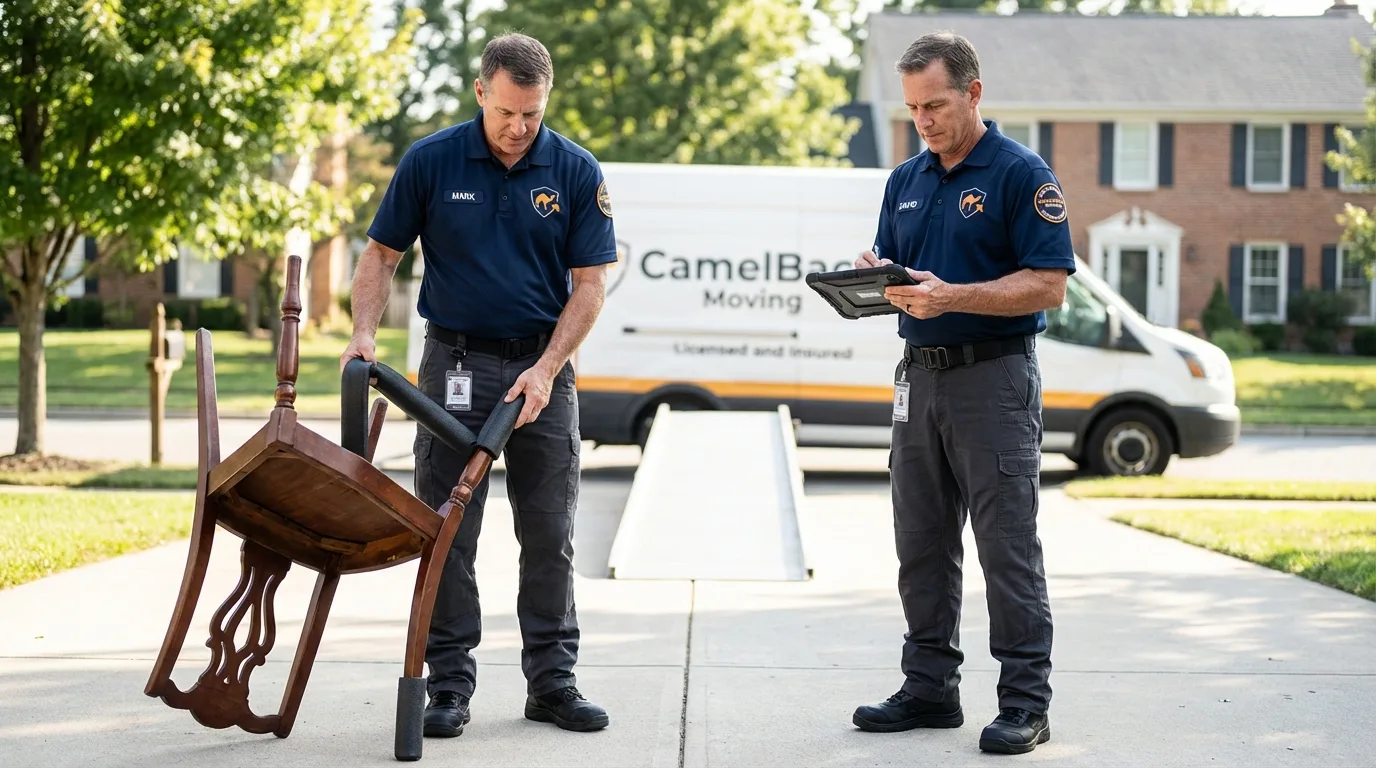 Movers inspecting furniture for damage prevention before loading in Richford, VT