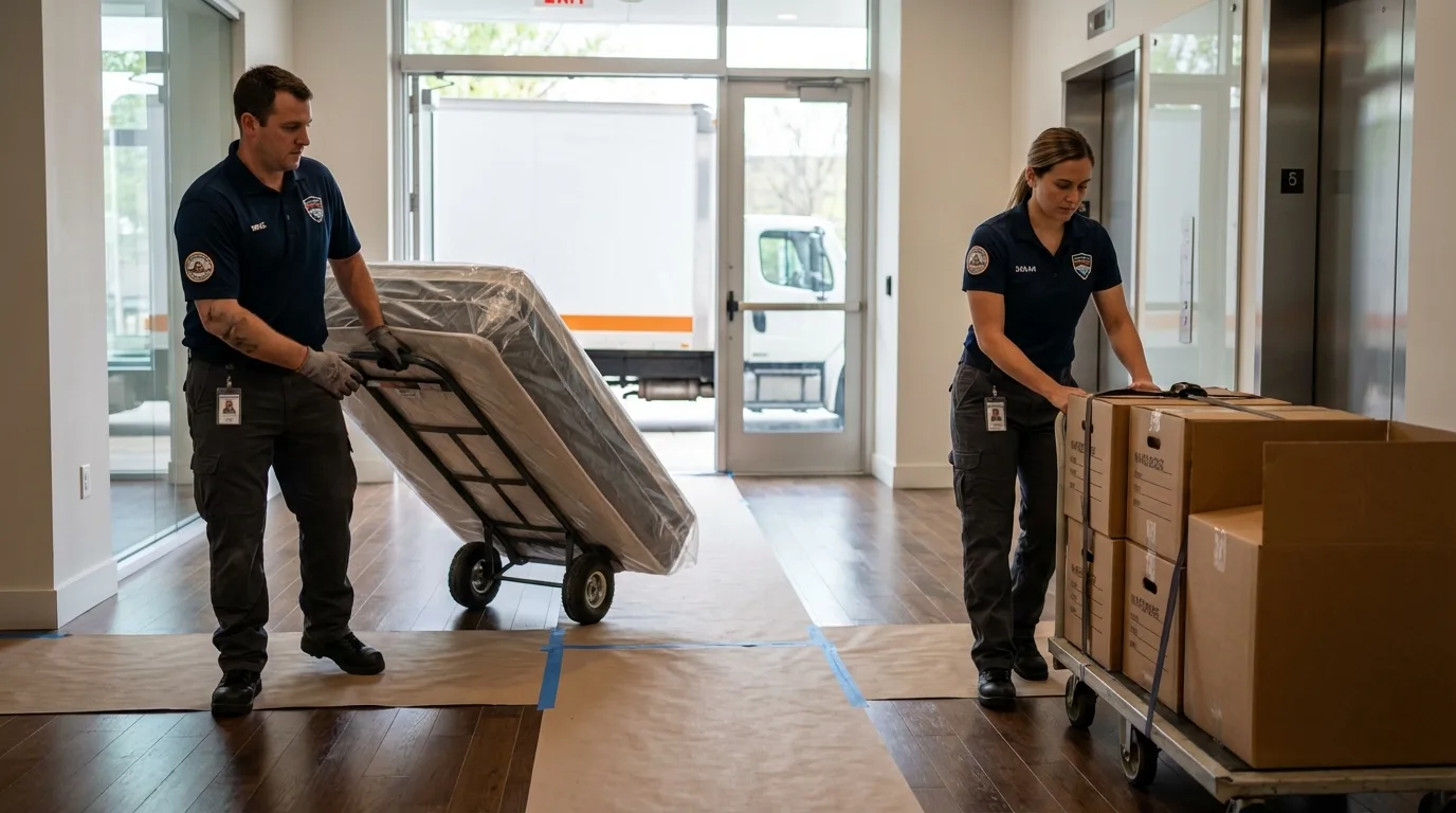 Professional apartment movers loading elevator in Richford, VT