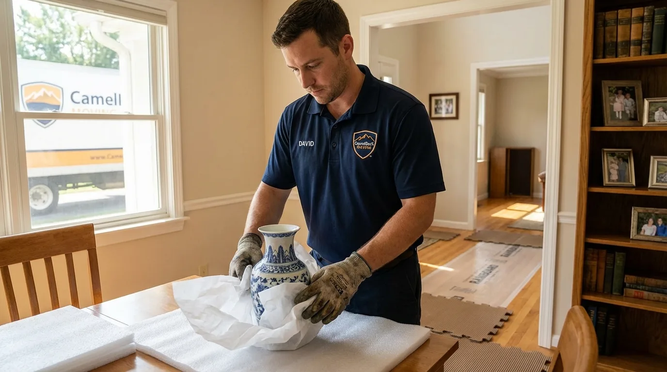 Professional crew carefully wrapping antique vase for senior downsizing move in Richford, VT