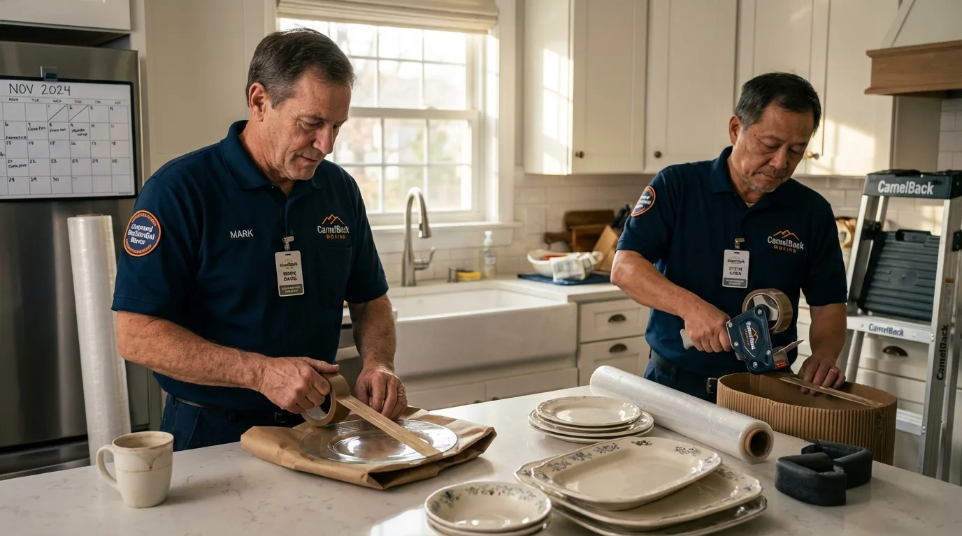 Professional crew packing kitchen dishware in Richford, VT